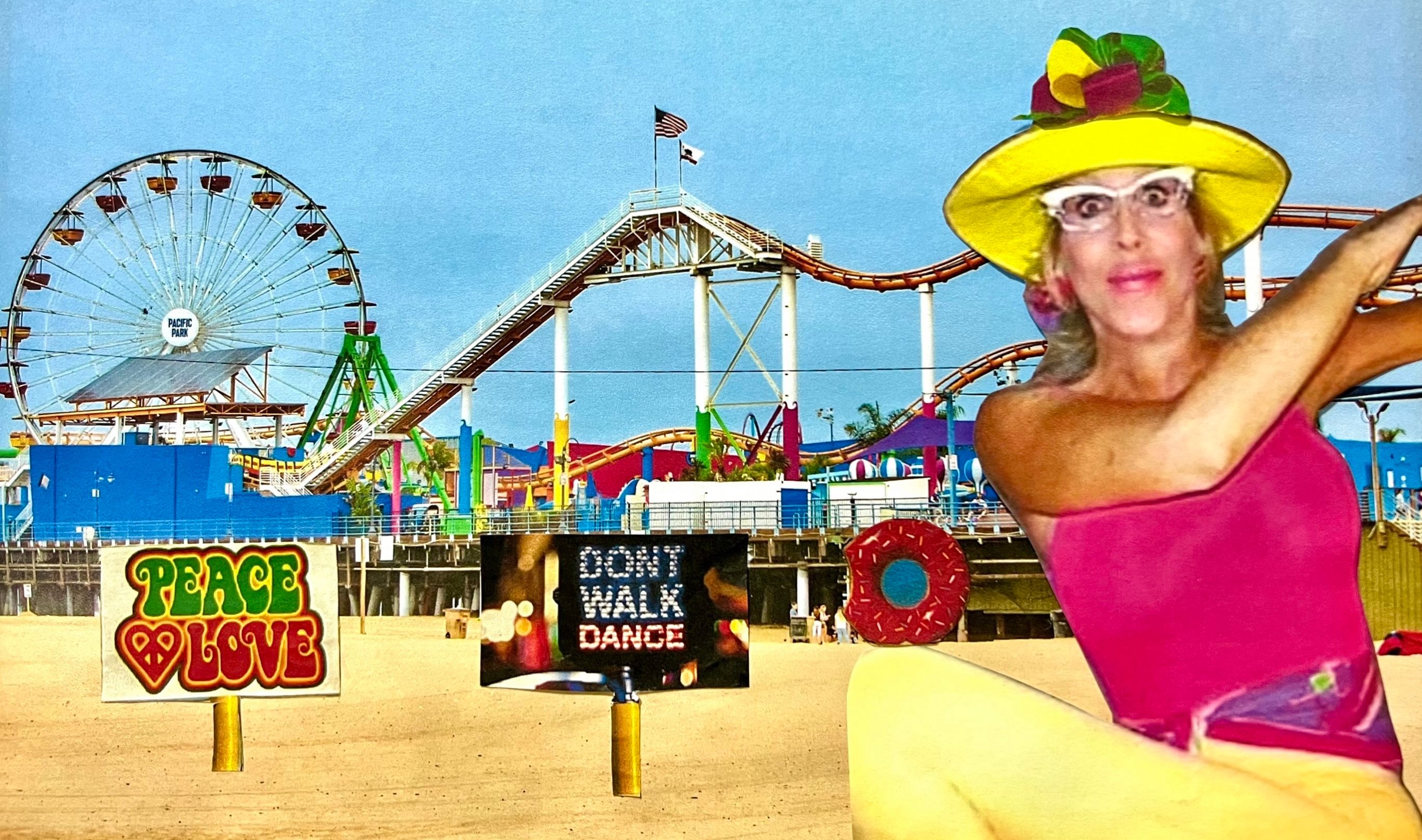 Dottie Dexter at Santa Monica Beach, near the Santa Monica ocean, on the boardwalk, near the Santa Monica Pier, Pacific Park Amusements, exercise, dance fitness